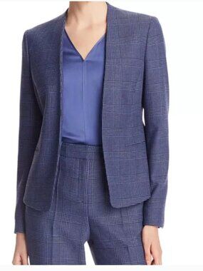 Hugo Boss Jalesta Blue Glencheck Plaid Open Front Blazer